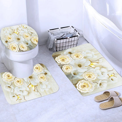 Elegant Bouquet of Fantastic White Flowers 3D Style Shower Curtain Bathroom Curtain with Bath Rug Carpet Set Floral Home Decor