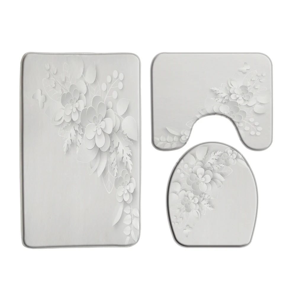 Elegant Bouquet of Fantastic White Flowers 3D Style Shower Curtain Bathroom Curtain with Bath Rug Carpet Set Floral Home Decor