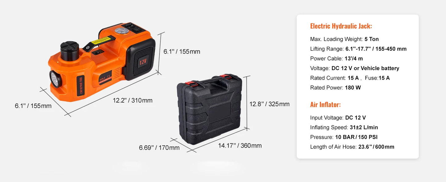 SucceBuy 5T Electric Car Jack Hydraulic Car Jack with Built-in Inflatable Pump LED Light Car Jack for SUV MPV Truck Change Tire