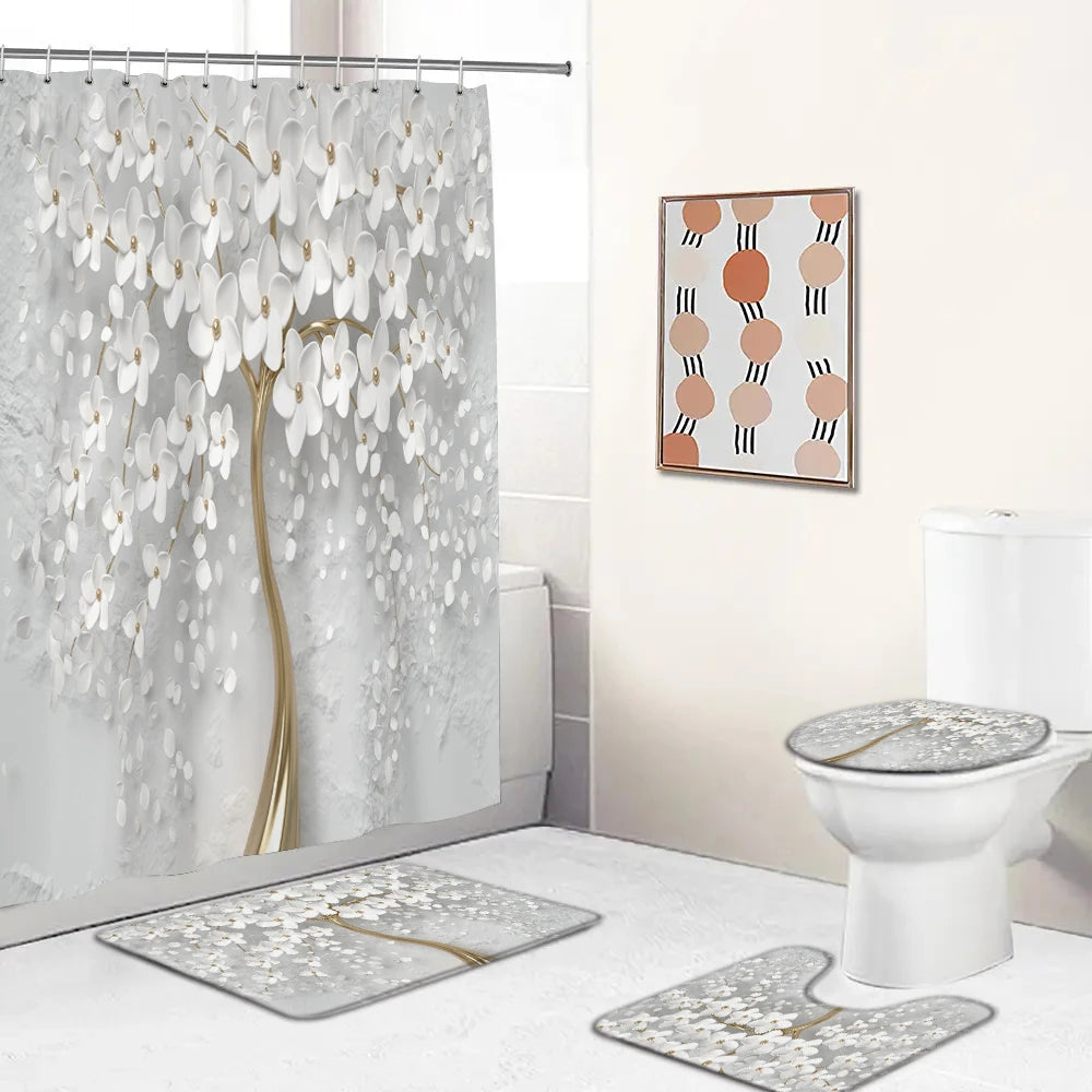 Elegant Bouquet of Fantastic White Flowers 3D Style Shower Curtain Bathroom Curtain with Bath Rug Carpet Set Floral Home Decor