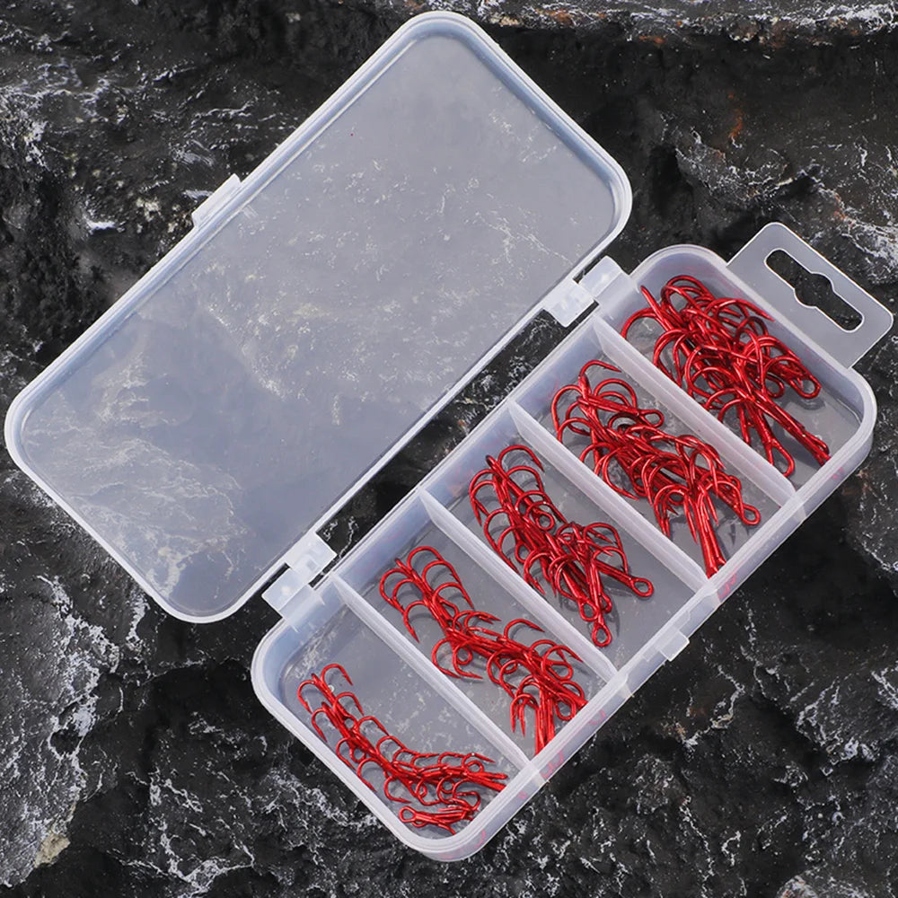 50Pcs Fishing Treble Hooks Kit High Carbon Steel Hooks Strong Sharp Round Bend for Lures Baits Saltwater Freshwater Fishing