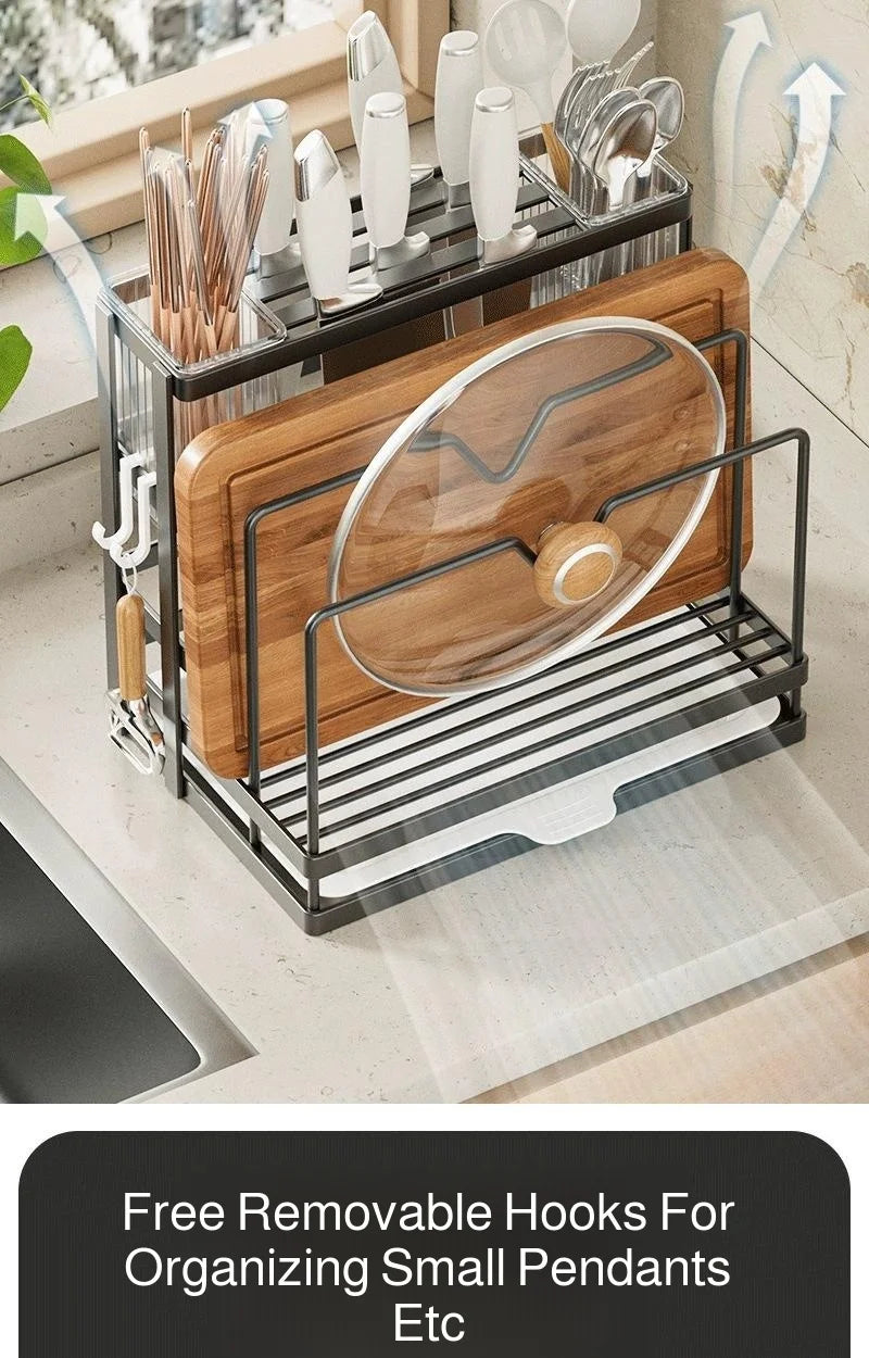 Kitchen Countertop Organizer with Drainage Tray -Integrated Rack for Cutting Boards, Knives, Rags, Chopsticks, Pot Lids, Durable